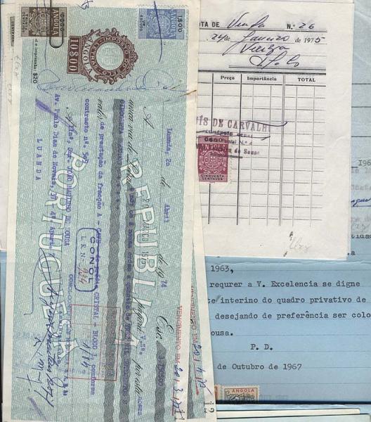 2271.jpg -     Lote:    2271      Lotes pelo Correio             Descrição:         Fiscais. Lote composto por 9 documentos incluindo papel selado com STO de 6$00, estampilhas fiscais diversas, incluindo Povoamento e Assistência. Também duas letras de 10$00. Lote a ver.        Lote       Valor Base:     &euro; 4,00     Valor Venda:     &euro; 4,00     