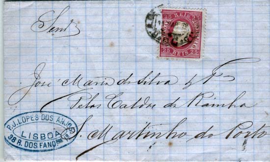 2274.jpg -     Lote:    2274      Lotes pelo Correio             Descrição:         Correio ferroviário. 1870/76 &mdash; D. Luís I fita direita. CE40, 25 reis carmim, denteado 12 &frac12;, em carta circulada de Lisboa (11.03.78) para o Porto. Carimbo batido a preto "R.A. DE LISBOA &mdash; PORTO".        Carta       Valor Base:     &euro; 10,00     Valor Venda:     Retirado     