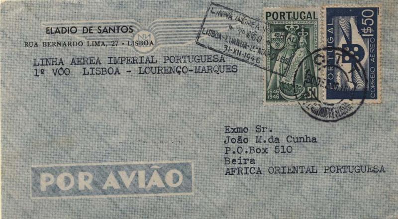 2277.jpg -     Lote:    2277      Lotes pelo Correio             Descrição:         1946 - !.º Voo da Linha Aérea Imperial. Sobrescrito circulado de Lisboa (30.12.46) para a Beira (07.01.47) com selos de 1$50 Hélice + $50 Padroeira.        Aéreo       Valor Base:     &euro; 5,00     Valor Venda:     Retirado     