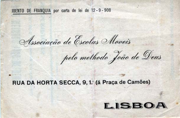 2286.jpg -     Lote:    2286      Lotes pelo Correio             Descrição:         Isentos de Franquia. Associação de Escolas Moveis pelo methodo João de Deus. Impresso isento de franquia ao abrigo da Carta de Lei de 12-9-908.        IMP       Valor Base:     &euro; 4,00     Valor Venda:     &euro; 7,00     