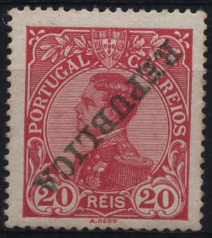 2290.jpg -     Lote:    2290      Lotes pelo Correio      Portugal       Descrição:         1910 &mdash; D. Manuel II com sobrecarga REPUBLICA. CE174, 20 reis carmim. Selo com a sobrecarga invertida. Alguns ligeiros pontos de óxido no verso.        ***       Valor Base:     &euro; 5,00     Valor Venda:     &euro; 5,00     