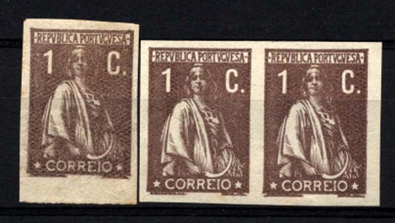 2291.jpg -     Lote:    2291      Lotes pelo Correio      Portugal       Descrição:         1917/20 &mdash; Ceres. Novas taxas e cores. CE221, 1C castanho. Lote composto por prova simples e um par horizontal, não denteadas. Cor aprovada.        PRV       Valor Base:     &euro; 6,00     Valor Venda:     Retirado     