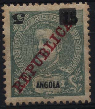 2295.jpg -     Lote:    2295      Lotes pelo Correio      Angola       Descrição:         1912 &mdash; D. Carlos I tipo Mouchon, com sobrecarga REPUBLICA da Casa da Moeda e sobretaxa. CE114, 5 s/ 15 reis. Selo com o número 5 invertido. Leves manchas no verso.        **       Valor Base:     &euro; 5,00     Valor Venda:     Retirado     