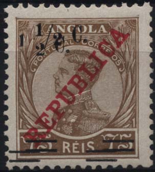 2296.jpg -     Lote:    2296      Lotes pelo Correio      Angola       Descrição:         1919 &mdash; D. Manuel II com sobrecarga REPUBLICA e sobretaxa. CE190, &frac12; C s/ 75 reis bistre. Selo com dupla sobrecarga.        **       Valor Base:     &euro; 5,00     Valor Venda:     &euro; 5,00     