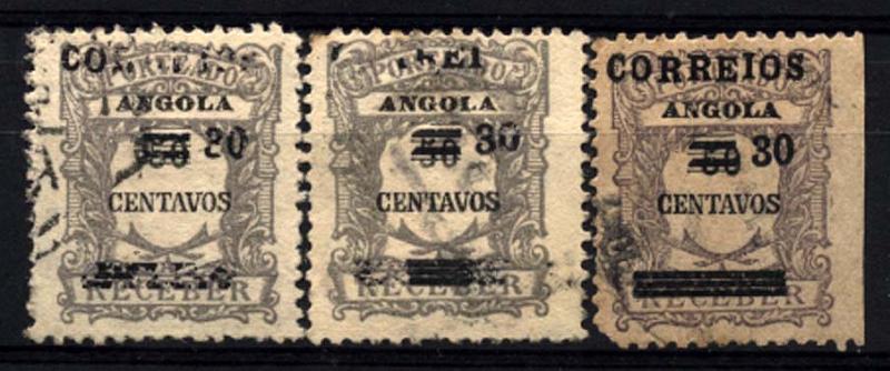 2297.jpg -     Lote:    2297      Lotes pelo Correio      Angola       Descrição:         1935 &mdash; Selos de porteado com sobretaxa. CE253, 30 s/ 50c cinzento. Lote de 3 selos com defeitos na sobrecarga (parcialmente impressas).        Lote       Valor Base:     &euro; 4,00     Valor Venda:     &euro; 4,00     