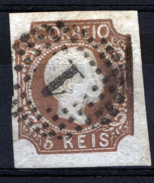 2308.jpg -     Lote:    2308      Lotes pelo Correio      Portugal       Descrição:         1856/58 &mdash; D. Pedro V. Cabelos anelados. CE10, 5 reis castanho, tipo IV. Selo com três margens normais e uma curta. Valor de catálogo &euro; 251,00.        O       Valor Base:     &euro; 25,00     Valor Venda:     &euro; 25,00     
