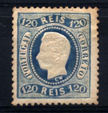 2319.jpg -     Lote:    2319      Lotes pelo Correio      Portugal       Descrição:         1867/70 &mdash; D. Luís I. Fita curva, denteados. CE34, 120 reis azul. Selo regomado, com manchas no verso trespassando para a frente. Lote a ver. Valor de catálogo &euro; 496,00.        RG**       Valor Base:     &euro; 40,00     Valor Venda:     &euro; 40,00     