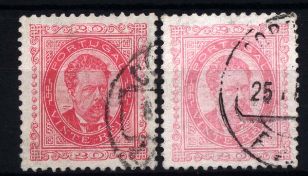 2343.jpg -     Lote:    2343      Lotes pelo Correio      Portugal       Descrição:         1884/87 &mdash; D. Luís I de frente. Novos valores. CE62, 20 reis, denteado 11 &frac12;. Lote de dois selos um em rosa carmim e outro em rosa. Valor de catálogo &euro; 58,80.        O       Valor Base:     &euro; 6,00     Valor Venda:     &euro; 8,00     
