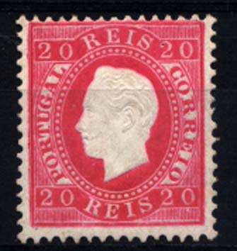 2347.jpg -     Lote:    2347      Lotes pelo Correio      Portugal       Descrição:         1884 &mdash; D. Luís I, fita direita. Nova cor e valor. CE66, 20 reis carmim, denteado 12 &frac12;. Selo regomado.         RG***       Valor Base:     &euro; 60,00     Valor Venda:     Retirado     