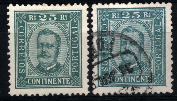 2352.jpg -     Lote:    2352      Lotes pelo Correio      Portugal       Descrição:         1892/93 &mdash; D. Carlos I, tipo Diogo Neto. CE70, 25 reis verde, denteado 11 &frac12;, papel porcelana. Lote composto por dois selos, sendo um em novo e outro usado. Valor de catálogo &euro; 71,30.        **/O       Valor Base:     &euro; 10,00     Valor Venda:     &euro; 10,00     