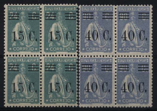 2387.jpg -     Lote:    2387      Lotes pelo Correio      Portugal       Descrição:         1928/29 &mdash; Ceres, com sobretaxa. Lote de duas quadras sendo uma de 15 ctvs s/ 24 ctvs verde azul CE462 e outra de 40 ctvs s/ 90 ctvs azul claro, um dos selos com barras Tipo XII. Valor de catálogo &euro; 121,20.        ***       Valor Base:     &euro; 16,00     Valor Venda:     Retirado     