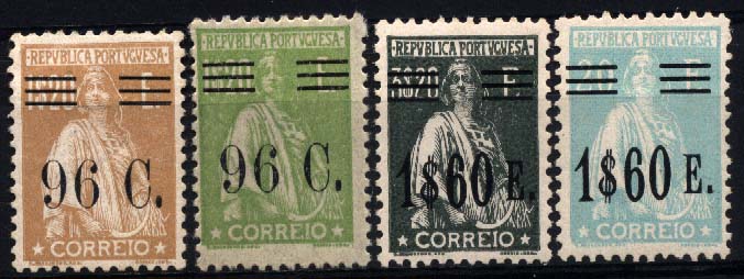 2389.jpg -     Lote:    2389      Lotes pelo Correio      Portugal       Descrição:         1928/29 &mdash; Ceres, com sobretaxa. Lote de 4 selos: CE 484 - 96 s/ 1$20; CE480 &mdash; 96 s/ 1$20 verde, CE486 &mdash; 1$60 s/ 3$20 e CE487 &mdash; 1$60 s/ 20E. Valor de catálogo &euro; 54,75.        **       Valor Base:     &euro; 8,00     Valor Venda:     Retirado     
