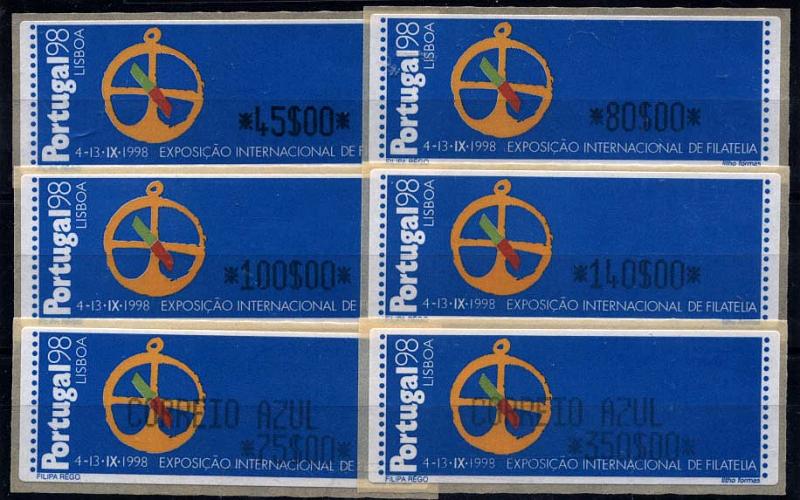 2422.jpg -     Lote:    2422      Lotes pelo Correio      Portugal       Descrição:         1997 &mdash; Portugal 98. Taxas em escudos. Máquina CROUZET. CE ETQ14. Séries completas para correio ordinário e correio azul. Valor de catálogo &euro; 25,00.        ETQ       Valor Base:     &euro; 5,00     Valor Venda:     &euro; 7,00     