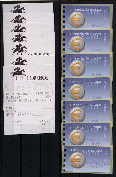 2426.jpg -     Lote:    2426      Lotes pelo Correio      Portugal       Descrição:         2002 &mdash; Símbolo do Euro. Máquina E.POST. CE ETQ23C. Série completa correio ordinário e correio azul, nas taxas para o ano de 2003. Acompanham recibos. Valor de catálogo &euro; 33,00.        ETQ       Valor Base:     &euro; 5,00     Valor Venda:     &euro; 5,00     