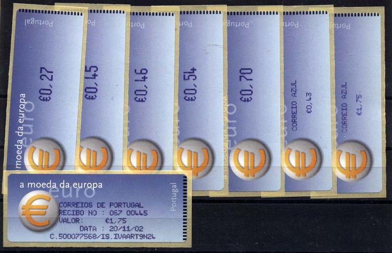 2428.jpg -     Lote:    2428      Lotes pelo Correio      Portugal       Descrição:         2002 &mdash; Símbolo do Euro. Máquina CROUZET. CE ETQ24. Série completa para o correio ordinário e correio azul, com impressão a violeta.        ETQ       Valor Base:     &euro; 6,00     Valor Venda:     Retirado     