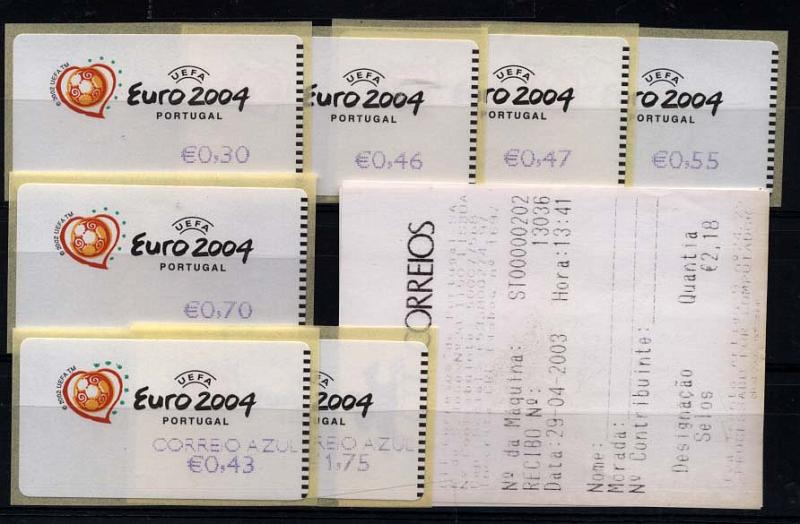 2431.jpg -     Lote:    2431      Lotes pelo Correio      Portugal       Descrição:         2003 &mdash; Euro 2004. Máquina E.POST. CE ETQ25C. Série completa para correio ordinário e correio azul. Valor de catálogo &euro; 31,00.        ETQ       Valor Base:     &euro; 6,00     Valor Venda:     &euro; 8,00     