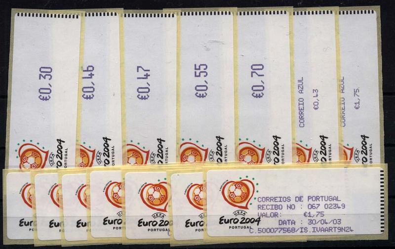 2432.jpg -     Lote:    2432      Lotes pelo Correio      Portugal       Descrição:         2003 &mdash; Euro 2004. Máquina CROUZET. CE ETQ26. Série completa para o correio ordinário e correio azul (inclui &euro; 0,45), impressas a violeta, com os respectivos recibos.        ETQ       Valor Base:     &euro; 6,00     Valor Venda:     &euro; 6,00     