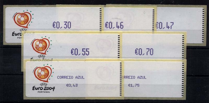 2434.jpg -     Lote:    2434      Lotes pelo Correio      Portugal       Descrição:         2003 &mdash; Euro 2004. CE ETQ26. Máquina CROUZET. Séries completas para correio ordinário + correio azul, na cor violeta.         ETQ       Valor Base:     &euro; 8,00     Valor Venda:     Retirado     