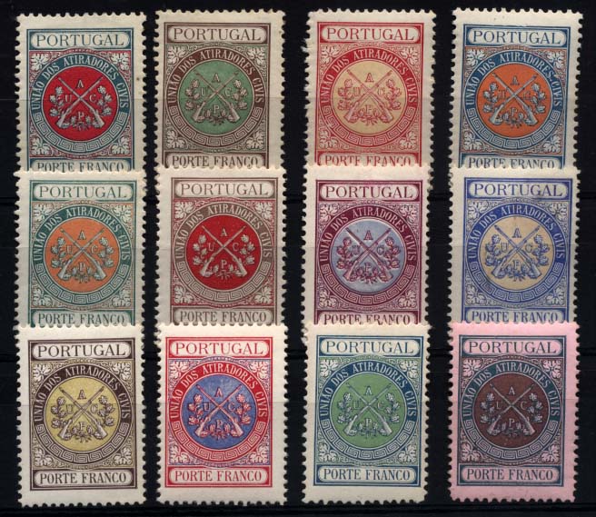 2449.jpg -     Lote:    2449      Lotes pelo Correio      Portugal       Descrição:         1899/1910 &mdash; Porte Franco * União dos Atiradores Civis Portugueses. CE UACP 1/12. Série completa. Valor de catálogo &euro; 66,00.        **       Valor Base:     &euro; 10,00     Valor Venda:     &euro; 12,00     