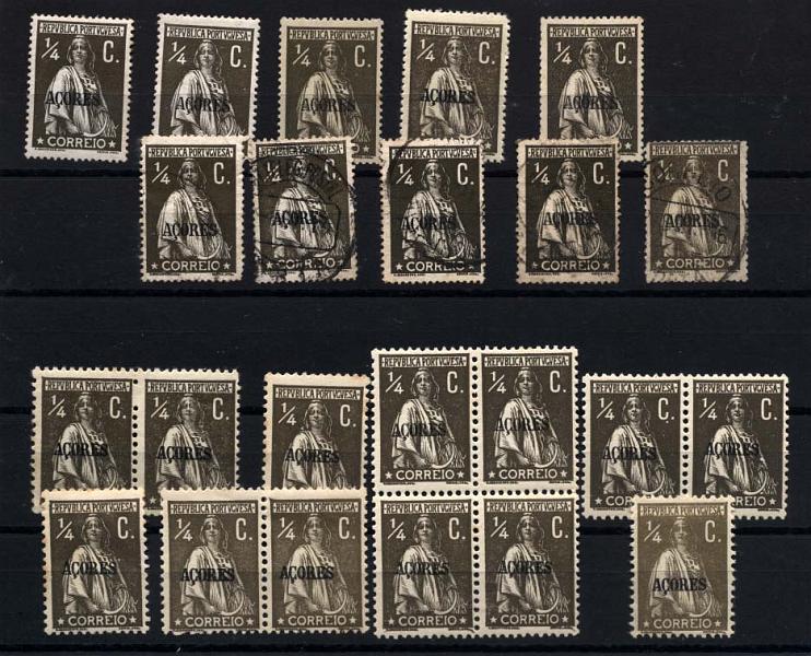2459.jpg -     Lote:    2459      Lotes pelo Correio      Açores       Descrição:         1912/13 - Ceres. Selos do Continente com sobrecarga "Açores". CE149, &frac14; ctv sépia, sépia escuro. Lote composto por uma quadra, três pares horizontais novos, 7 selos novos e cinco selos usados. Variedades de denteados, tonalidades de cor e papeis.        **/O       Valor Base:     &euro; 12,00     Valor Venda:     Retirado     