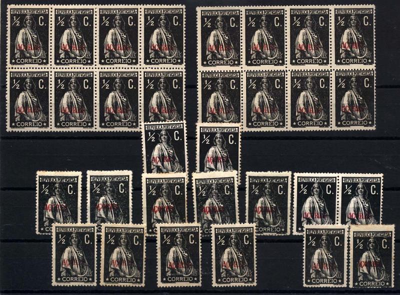 2460.jpg -     Lote:    2460      Lotes pelo Correio      Açores       Descrição:         1912/13 - Ceres. Selos do Continente com sobrecarga "Açores". CE150, &frac12; ctv preto, denteado 15x14. Lote composto por dois blocos de 8 selos, um par horizontal, e 13 selos novos isolados. Variedades de papeis, tonalidades de cor e variedades de cliché.        **/***       Valor Base:     &euro; 16,00     Valor Venda:     Retirado     