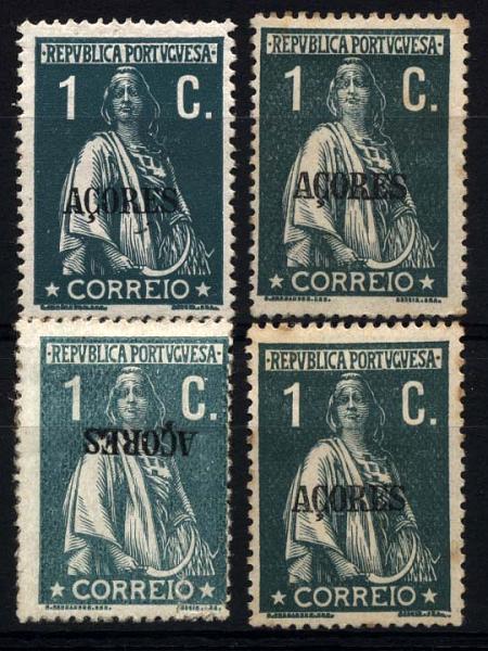 2462.jpg -     Lote:    2462      Lotes pelo Correio      Açores       Descrição:         1912/13 - Ceres. Selos do Continente com sobrecarga "Açores". CE151, 1 ctv verde-escuro, denteado 15x14, papel porcelana. Lote de 3 selos isolados (dois com pontos de óxido) e um selo com sobrecarga "Açores" invertida.        **       Valor Base:     &euro; 8,00     Valor Venda:     Retirado     