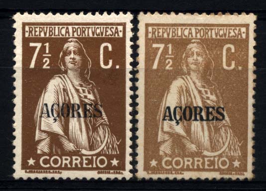 2465.jpg -     Lote:    2465      Lotes pelo Correio      Açores       Descrição:         1912/13 - Ceres. Selos do Continente com sobrecarga "Açores". CE156, 7 &frac12; ctvs bistre, denteado 15x14. Conjunto de dois selos, um em papel porcelana e outro em papel pontinhado.        */**       Valor Base:     &euro; 5,00     Valor Venda:     Retirado     