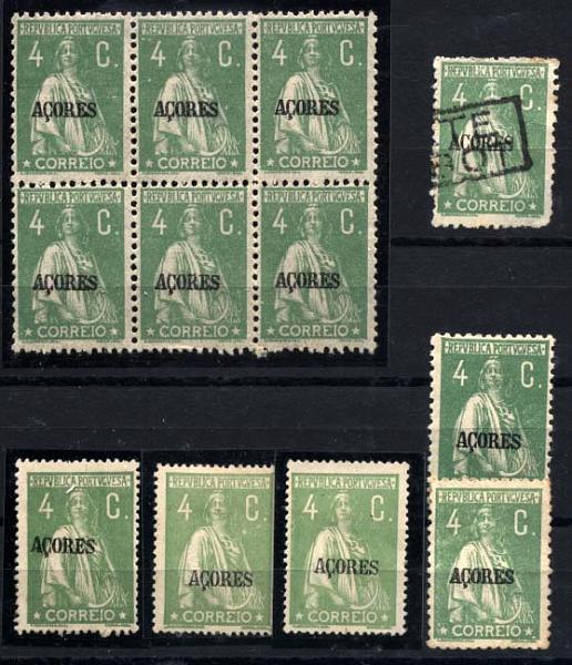 2470.jpg -     Lote:    2470      Lotes pelo Correio      Açores       Descrição:         1918/21 &mdash; Ceres. Selos do Continente com sobrecarga "Açores". CE169, 4C verde a verde amarelo. Lote composto por bloco de 6 selos + 5 selos novos usados + um selo usado com marca "PAQUETE/PAQUEBOT", em diversas tonalidades e denteados.        ***/O       Valor Base:     &euro; 3,00     Valor Venda:     &euro; 3,00     