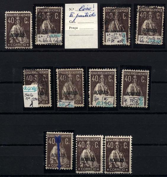 2472.jpg -     Lote:    2472      Lotes pelo Correio      Açores       Descrição:         1924/26 &mdash; Ceres. Selos do Continente com sobrecarga "Açores". CE205, 40 ctvs castanho escuro. Conjunto composto por 11 selos (cinco novos e seis usados) com variedades de cliché.        **/O       Valor Base:     &euro; 6,00     Valor Venda:     Retirado     