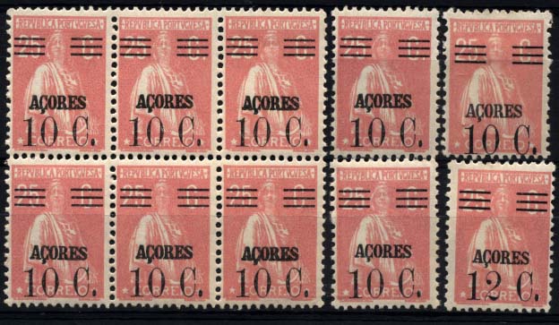 2474.jpg -     Lote:    2474      Lotes pelo Correio      Açores       Descrição:         1929/30 &mdash; Ceres. Selos do Continente com sobrecarga "Açores" e sobretaxa. CE284, 10 s/ 25 C rosa. Lote composto por bloco de seis selos (3x2) e 4 selos isolados. Valor de catálogo &euro; 21,70.        **/***       Valor Base:     &euro; 4,00     Valor Venda:     &euro; 4,00     