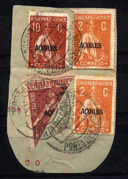 2477.jpg -     Lote:    2477      Lotes pelo Correio      Açores       Descrição:         1912/21 &mdash; Ceres + Para os Pobres (Imposto Postal). Selos do Continente com sobrecarga AÇORES. Fragmento com dois selos de 2C laranja CE166, + 10C tijolo CE159 + selo bipartido de 30 s/ 2C lilás rosa CE IP8.        FRG       Valor Base:     &euro; 10,00     Valor Venda:     &euro; 16,00     