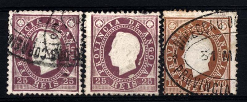 2481.jpg -     Lote:    2481      Lotes pelo Correio      Angola       Descrição:         1886 &mdash; D. Luís I. Fita direita. CE18 e 21. Lote de 3 selos: dois de 25 reis lilás escuro (um novo sem goma e um usado) + um de 100 reis. Todos com halos em branco, provocado pelo deslocamento do contra-cunho.        */O       Valor Base:     &euro; 8,00     Valor Venda:     &euro; 11,00     