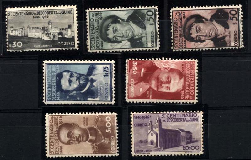 2489.jpg -     Lote:    2489      Lotes pelo Correio      Guiné       Descrição:         1946 &mdash; 5.º Centenário da Descoberta da Guiné. CE24&frac12;47. Série completa. Selo de 10$00 com pontos de óxido. Lote a ver. Valor de catálogo &euro; 75,20.        **       Valor Base:     &euro; 10,00     Valor Venda:     &euro; 10,00     
