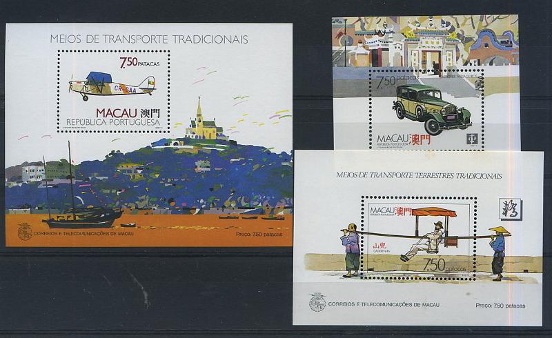 2498.jpg -     Lote:    2498      Lotes pelo Correio      Macau       Descrição:         1987/89 &mdash; Meios de Transportes Tradicionais + Meios de Transportes Terrestres + Meios de Transportes Tradicionais * Hidroaviões. CE BLC7/8 e 11. valor de catálogo &euro; 42,70.        BLC***       Valor Base:     &euro; 20,00     Valor Venda:     &euro; 22,00     