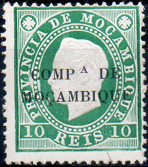2511.jpg -     Lote:    2511      Lotes pelo Correio      Companhia de Moçambique       Descrição:         1892 &mdash; D. Luís I. Selos de Moçambique com sobrecarga "COMP.ª DE MOÇAMBIQUE". CE2, 10 reis verde com sobrecarga tipo B, papel porcelana, denteado 13 &frac12;, sem ponto sob o "ª" de C.ª. Não catalogado.        **       Valor Base:     &euro; 4,00     Valor Venda:     Retirado     