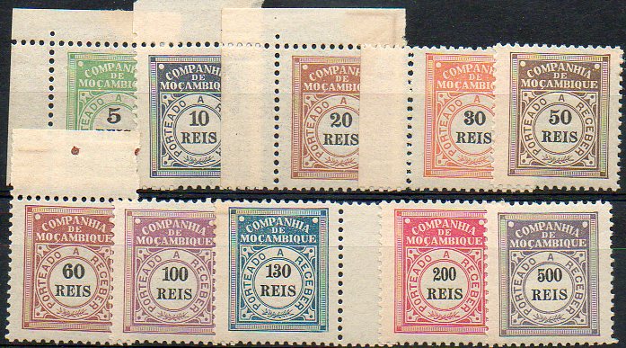 2512.jpg -     Lote:    2512      Lotes pelo Correio      Companhia de Moçambique       Descrição:         1906 &mdash; Porteado * Emissão Regular. CE POR 1/10. Série completa sem charneira com excepção dos selos de 130 e 200 reis com ligeira aderência. Valor de catálogo &euro; 33,90.        ***       Valor Base:     &euro; 6,00     Valor Venda:     &euro; 19,00     