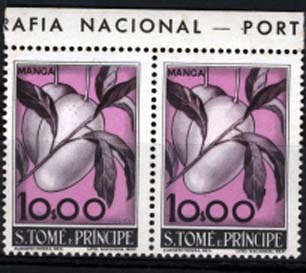 2522.jpg -     Lote:    2522      Lotes pelo Correio      S. Tomé e Príncipe       Descrição:         1948 &mdash; Frutos de S. Tomé e Príncipe. CE345, 10$00. Par horizontal, bordo de folha. Goma irregular. Valor de catálogo &euro; 74,80.        ***       Valor Base:     &euro; 15,00     Valor Venda:     Retirado     