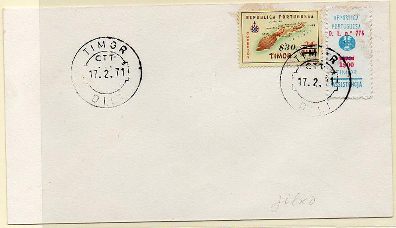 2525.jpg -     Lote:    2525      Lotes pelo Correio      Timor       Descrição:         1968 &mdash; Imposto Postal. Assistência com sobrecarga. Novo tipo. CE IP20, 1$00 s/ 0$70 azul escuro, em sobrescrito não circulado + selo CE308.        Carta       Valor Base:     &euro; 5,00     Valor Venda:     &euro; 95,00     