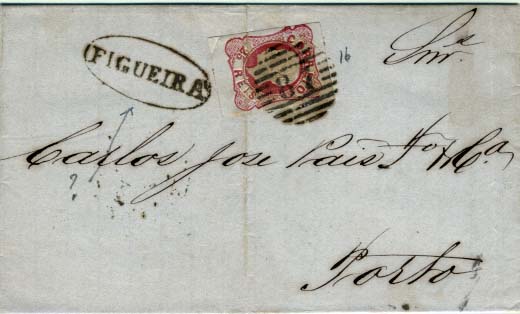 2528.jpg -     Lote:    2528      Lotes pelo Correio      Portugal       Descrição:         1862/64 &mdash; D. Luís I. CE16, 25 reis carmim rosa, margens normais em carta remetida da Figueira da Foz (06.05.1865) para o Porto (07.05.1865). Carimbo nominativo "FIGUEIRA" batido a preto.        Carta       Valor Base:     &euro; 6,00     Valor Venda:     &euro; 6,00     