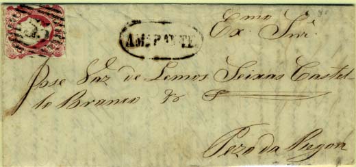 2529.jpg -     Lote:    2529      Lotes pelo Correio      Portugal       Descrição:         Carimbos nominativos1856/58 &mdash; D. Pedro V. Cabelos anelados. CE13, 25 reis carmim, margens curtas, em carta circulada de Amarante (05.11.1858) para Peso da Régua. Carimbo nominativo AMARANTE tipo AMT4 e numérico da 1.ª reforma "53" batidos a preto.        Carta       Valor Base:     &euro; 5,00     Valor Venda:     &euro; 5,00     