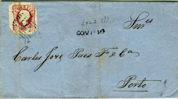 2533.jpg -     Lote:    2533      Lotes pelo Correio      Portugal       Descrição:         1862/64 &mdash; D. Luís I. CE16, 25 reis carmim rosa, margens normais em carta remetida da Covilhã (17.10.1865) para o Porto (20.10.1865). Carimbo nominativo "COVILHÃ" tipo CVL2, batido a preto.        Carta       Valor Base:     &euro; 5,00     Valor Venda:     &euro; 7,00     