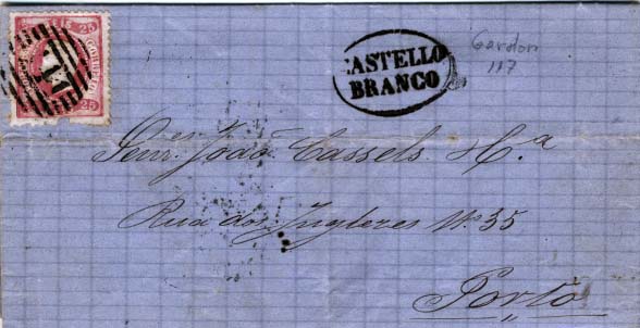 2534.jpg -     Lote:    2534      Lotes pelo Correio      Portugal       Descrição:         1867/70 &mdash; D. Luís I, fita curva denteados. CE30, 25 reis carmim rosa, em carta circulada de Castelo Branco para o Porto (11.06.1869). Selo com defeito. Carimbo nominativo batido a preto CASTELO BRANCO (Gordon 117).        Carta       Valor Base:     &euro; 5,00     Valor Venda:     &euro; 5,00     