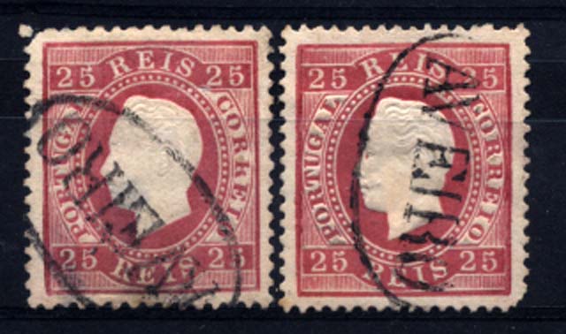 2535.jpg -     Lote:    2535      Lotes pelo Correio      Portugal       Descrição:         Carimbos nominativos. 1870/76 &mdash; D. Luís I. Fita direita. CE40, 25 reis carmim. Dois selos em denteado 12 &frac12; e 13 &frac12;, obliterados com carimbo batido a preto "AVEIRO".        O       Valor Base:     &euro; 6,00     Valor Venda:     &euro; 6,00     