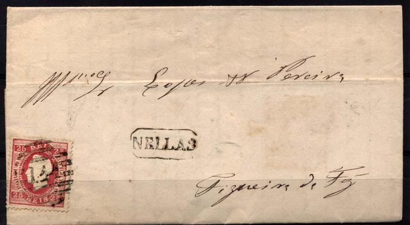 2536.jpg -     Lote:    2536      Lotes pelo Correio      Portugal       Descrição:         Carimbos nominativos. 1870/76 &mdash; D. Luís I fita direita. CE40, 25 reis  carmim, papel liso, denteado 12 &frac12;, em carta circulada de Nelas (30.10.72) para Figueira da Foz, com carimbo da 2.ª reforma 144 e nominativo NELLAS, batidos a preto. MB.        Carta       Valor Base:     &euro; 10,00     Valor Venda:     &euro; 10,00     