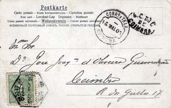 2540.jpg -     Lote:    2540      Lotes pelo Correio      Portugal       Descrição:         Carimbos nominativos. Postal ilustrado circulado de Lisboa (15.06.05) para Coimbra (16.05.05) com selo de 10 reis D. Carlos I Mouchon. Carimbo batido a preto "A.C. DO C. / DE / COIMBRA".        PI       Valor Base:     &euro; 8,00     Valor Venda:     &euro; 8,00     