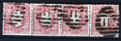 2542.jpg -     Lote:    2542      Lotes pelo Correio      Portugal       Descrição:         1870/76 &mdash; D. Luís I. Fita direita. CE40, 25 reis carmim, denteado 12 &frac12;. Tira horizontal de 4 selos obliterada com carimbo numérico da 2.ª reforma "117 &mdash; MIRANDELA".        O       Valor Base:     &euro; 6,00     Valor Venda:     &euro; 10,00     