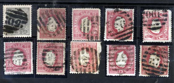 2543.jpg -     Lote:    2543      Lotes pelo Correio      Portugal       Descrição:         Carimbos numéricos da 2.ª reforma. 1870/76 &mdash; D. Luís I, fita direita. CE40, 25 reis carmim. Lote de 10 selos com carimbos batidos a preto: 50, 58, 59, 95, 100, 137, 138, 46, 37.        Lote       Valor Base:     &euro; 8,00     Valor Venda:     &euro; 8,00     