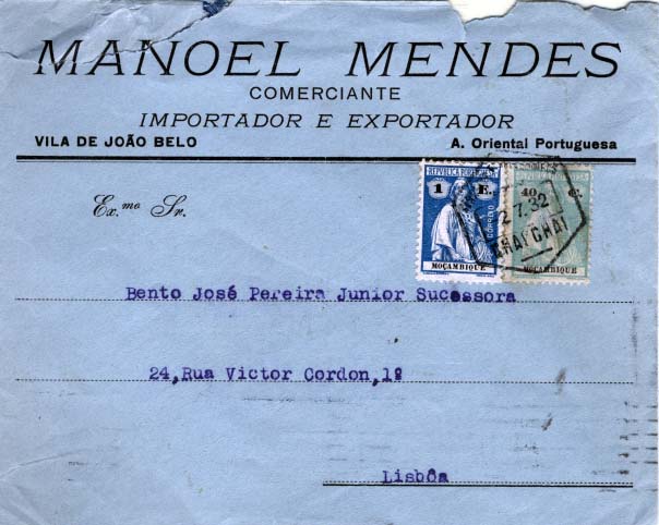 2551.jpg -     Lote:    2551      Lotes pelo Correio      Moçambique       Descrição:         Carimbos hexagonais. 1922/26 &mdash; Ceres. CE242, 40c verde azul e CE256, 1E azul, sobre carta circulada de Chai-Chai (02.07.32) para Lisboa. Carimbo batido a preto: CHAI CHAI.        Carta       Valor Base:     &euro; 6,00     Valor Venda:     Retirado     