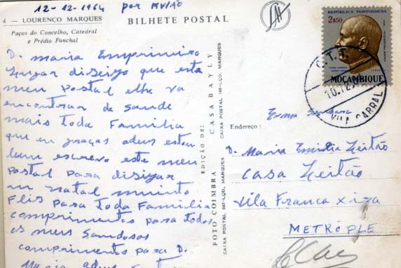 2556.jpg -     Lote:    2556      Lotes pelo Correio      Moçambique       Descrição:         Carimbos circulares datados. 1964 &mdash; Viagem Presidencial. CE480, 2$50 sobre postal circulado de Vila Cabral (10.12.64) para Vila Franca de Xira. Carimbo batido a preto "C.T.T. / VILA CABRAL".        PI       Valor Base:     &euro; 6,00     Valor Venda:     Retirado     