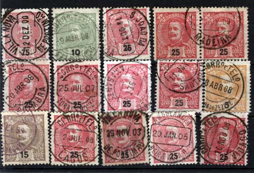 2567.jpg -     Lote:    2567      Lotes pelo Correio      Diversos       Descrição:         Carimbos circulares datados tipo 1880. Selos de D. Carlos I tipo Mouchon obliterados com carimbos de: VILLA NOVA / DE PORTIMÃO (2), FELGUEIRAS, S. JOÃO / MADEIRA (selo simples + par), COIMBRA, TORRES NOVAS, AMARANTE, SANTARÉM, FERREIRA DO ZEZERE, VILA NOVA DE GAYA (violeta), LAGOS, BEIRA ALTA II e VIDAGO.        Lote       Valor Base:     &euro; 5,00     Valor Venda:     &euro; 11,00     